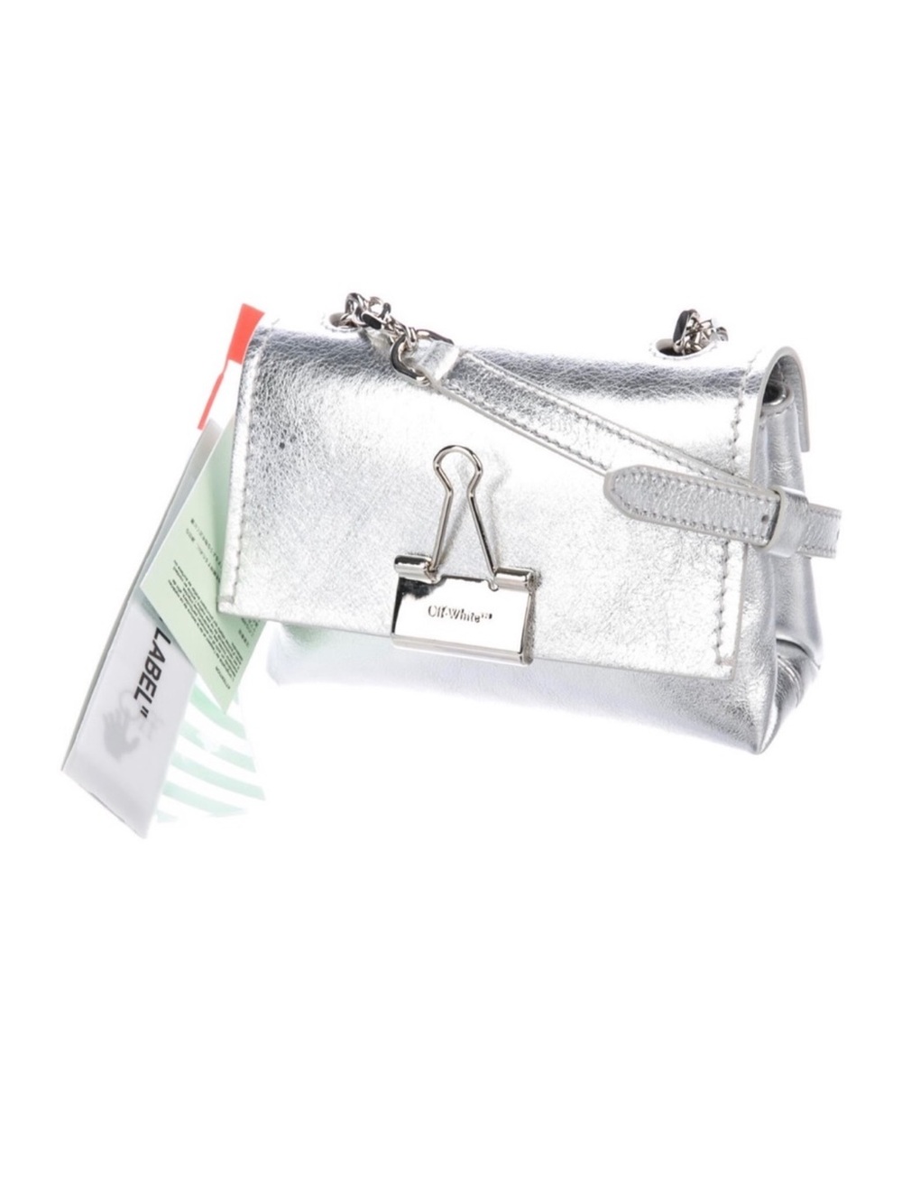 Off-White Silver Metallic Mini Crossbody Bag with Binder Clip Detail